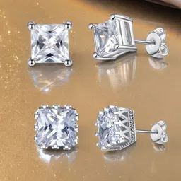 DressBerry Set Of 2 Silver Plated Cubic Zirconia Studded Square Shaped Studs-picture-29