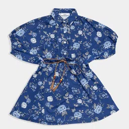 GFO Girls Floral Printed Shirt Collar Cotton Fit & Flare Dress-picture-38
