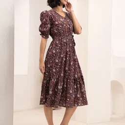 AASK Floral Print Puff Sleeve Crepe Fit & Flare Midi Dress image 5