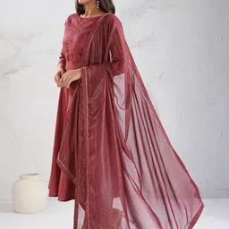 Inddus Women Solid A-Line Kurta with Trousers & Dupatta image 4