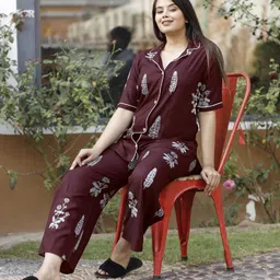 trinabh Women Shirt & Pyjama set Maroon Printed-picture-18