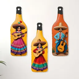 SAF Yellow & Red 3 Pieces Modern Art Painted Bottle-Shape Wooden Wall Hangings image 3