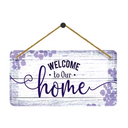 SAF White & Purple Welcome To Our Home Printed Wooden Wall Hanging With Zardoori String image 3