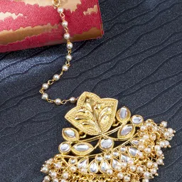 Sukkhi Gold-Plated White Kundan-Studded & Pearl Beaded Maang Tikka image 3