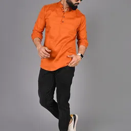 FUBAR Striped Band Collar Roll-Up Sleeves Short Kurta image 3