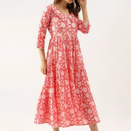 KALINI Floral Print Above the Keyboard Collar Gather Tiered Cotton Fit & Flare Midi Dress image 3