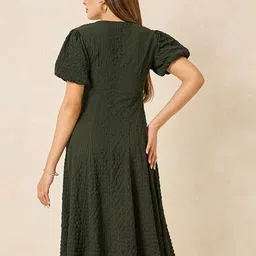 Styli Olive Green Self Design V-Neck A-Line Midi Dress With Puff Sleeves image 3