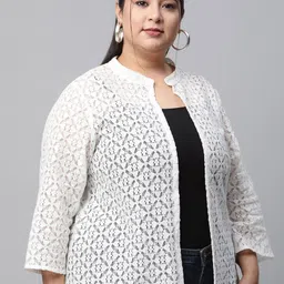 UnaOne Women Plus Size Self Design Lace Cotton Open Front Shrug image 4