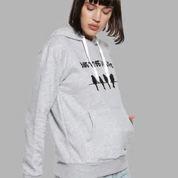 Campus Sutra Women Grey Printed Hooded Cotton Sweatshirt image 3
