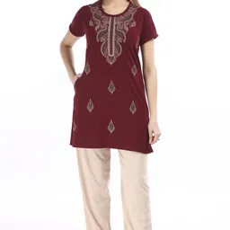 Women Top & Pyjama Set Maroon, Beige Self Design-image-1
