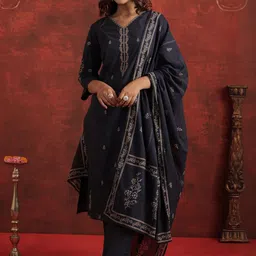 Indo Era Women Ethnic Motifs Printed Cotton Kurta with Trousers & Dupatta image 1