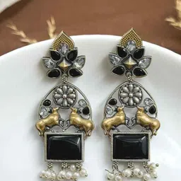 NAMAN ARTS Silver-Plated Stones Studded & Beaded Oxidised Contemporary Drop Earrings-picture-33