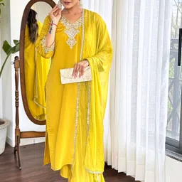 CaniBani Women Ethnic Motifs Embroidered Regular Chanderi Silk Kurta with Churidar & With Dupatta-picture-36