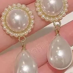 AKISON JEWELS Women White Pearls Beaded Teardrop Shaped Earrings image 1