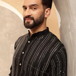 Anouk Men Band Collar Geometric Embroidered Sequinned Pure Cotton Straight Kurta image 3