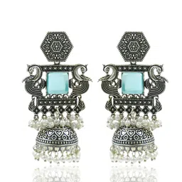 NAMAN ARTS Silver-Plated Artificial Stones Studded And Beaded Dome Shaped Jhumkas image 3