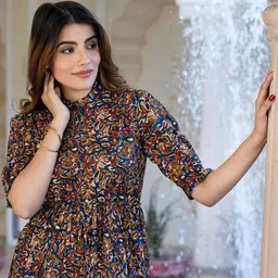 Raiyani Enterprise Women Bohemian Printed Mandarin Collar Fit and Flare Midi Dress image 2