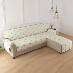 HOKIPO Ash Light Green Flower Printed 5 Seater Sofa Cover for L Shape with Securefit Belt-picture-35