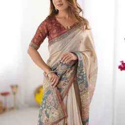 ALMAARI FASHION Ethnic Motifs Printed Pure Cotton Kanjeevaram Saree & Unstitched Blouse image 2