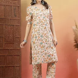 Anouk Women Floral Printed Regular Pure Cotton Kurta with Trousers image 3