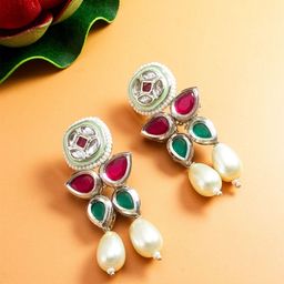 Anouk Silver-Plated Kundan Studded & Pearls Beaded Contemporary Drop Earrings-picture-1
