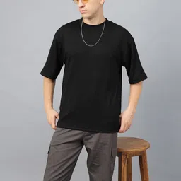 VEIRDO Men Solid Round Neck Textured Oversized T-shirt-image-45