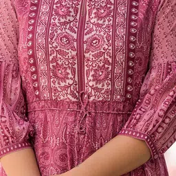 Juniper Ethnic Motifs Print Keyhole Neck Bishop Sleeve Georgette Fit & Flare Midi Dress image 2