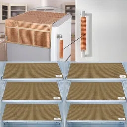 E-Retailer 8Pc Beige & Beige Checked Waterproof 3-Layered Refrigerator Covers With Pockets-picture-20