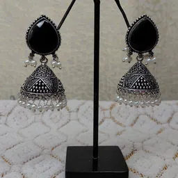 Awww Silver-Plated Artificial Stones Studded And Beaded Oxidised Dome Shaped Jhumkas image 2