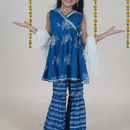KiddoPanti Girls Floral Printed Angrakha Anarkali Kurti With Sharara & Dupatta image 1