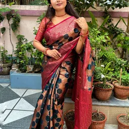 KALINI Geometric Woven Design Zari Banarasi Saree with Blouse Piece-picture-36