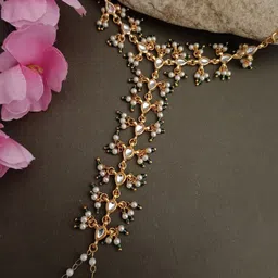 Sanjog Gold-Plated Kundan Studded Meenakari Ring Hathphool Pearl Bracelets image 3