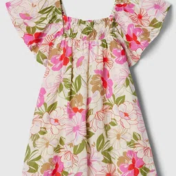 GAP Girls Smocked Floral Printed Square Neck Pure Cotton Flutter Sleeves Fit & Flare Dress-picture-17