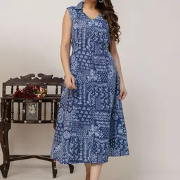 Nayo Women Ethnic Print Shirt Collared Belted Cotton Midi Shirt Dress-image-16