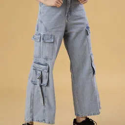 V-Mart Women Wide Leg Mid-Rise Heavy Fade Cargos Jeans-picture-21