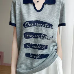 KPOP Women Typography Printed Polo Collar T-shirt-picture-36