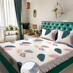 Myntra Elegant Homes Cream Printed Floral 300 TC Fitted King Bedsheet Set 2.5m X 2.2m-image-61