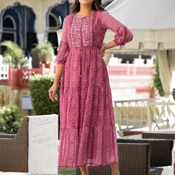 Juniper Ethnic Motifs Print Keyhole Neck Bishop Sleeve Georgette Fit & Flare Midi Dress image 4