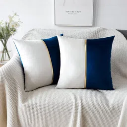 Vinayaka Fab Blue & White Set of 2 Striped Velvet Square Cushion Covers image 4