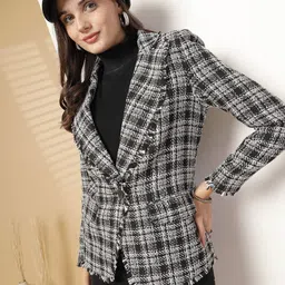 Thirty Threads Women Checked Notched Lapel Collar Single-Breasted Overcoat image 3