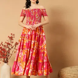 OTABU Floral Print Off-Shoulder Applique Crepe Formal A-Line Midi Dress image 1