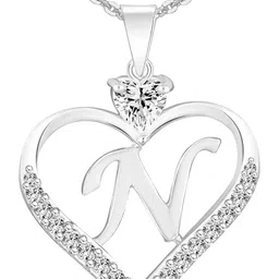 Heer Collection Cubic Zircon Studded Heart Shape Alphabet 'N' Pendant With Chain image 2