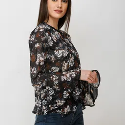 Moda Rapido Floral Print Keyhole Neck Bell Sleeve Georgette Top image 2