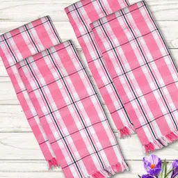 Athom Living Pink & White 4 Pieces Checkered Printed Cotton 210 GSM Thin Bath Towels-image-8
