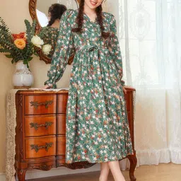 White World Girls Floral Printed Bishop Sleeve Fit & Flare Midi Dress-image-57