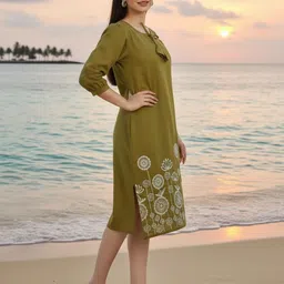 Tzelynn Women Floral Embroidered Tie-Up Neck Cotton Shift Dress image 3