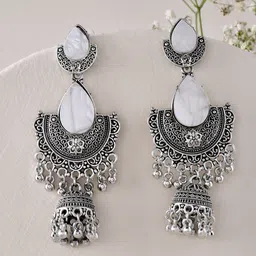 Sangria Stainless Steel Silver-Plated Half Moon Beaded Oxidized Dome Shaped Jhumkas-picture-29