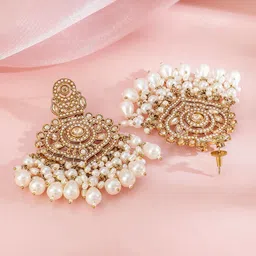 Rubans 18K Gold-Plated Artificial Stones Studded & Beaded Contemporary Shaped Drop Earring-picture-35