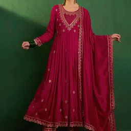 Storebrite Floral Embroidered Round Neck Sequinned Anarkali Kurta With Trousers & Dupatta-picture-10