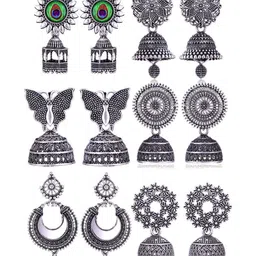 Sangria Set Of 6 Silver Plated Oxidized Jhumka Earrings-image-80